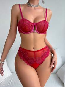 SHEIN Women's Sexy Embroidery Mesh Underwear Set With Underwire - Hot Pink - View 3