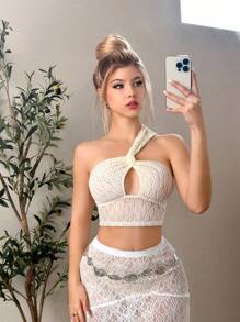 SHEIN Sweetina Áo cổ lọ bất đối xứng có họa tiết màu trắng vào mùa hè dành cho nữ - Màu vàng - Xem 1