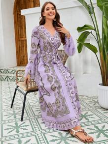 Seusyu Ladies' Paisley Print Fuzzy Cuff Wrap Belted Dress () - Mauve Purple - View 3