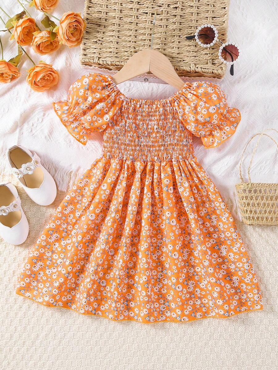 SHEIN Young Girl's Printed Puff Sleeve Dress With Floral Pattern - Coral Orange - View 1