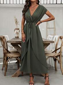 Breezaya Women's Solid Color Batwing Sleeve Wrap Dress - Army Green - View 5