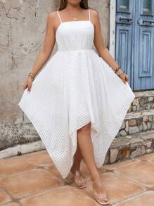 Breezaya Plus Size Solid Color Asymmetrical Hem Spaghetti Strap Dress - White - View 5