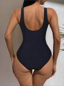 Swim DD+ Summer Beach Solid Color Backless Swimsuit With Pleated Details - Black - View 3