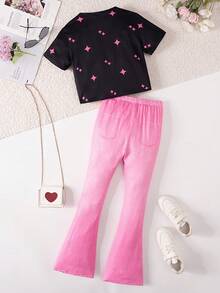 SHEIN 動漫人物與字母印花設計的高腰牛仔托腳褲搭配上衣，適用於青少女 - 彩色 - 查看 2