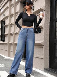 女士時尚寬鬆直筒牛仔褲 - 藍色 - 查看 4