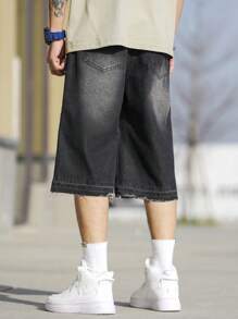 Manfinity Homme Pantaloni scurți din denim, cu tăiere lejeră, bărbați, pantaloni largi, negru, ieșiți în oraș Vintage Friends