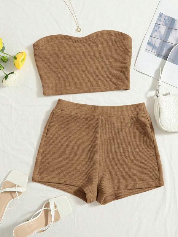 Soleia Women's Solid Color Strapless Top And Shorts Set