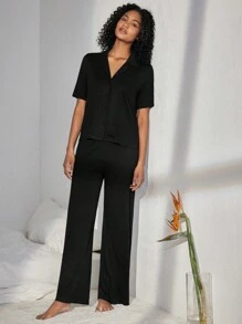 Ocili Leisure Solid Color V-Neck Top & Straight Pants Home Wear Set Holiday Season Outfit - Black - View 3