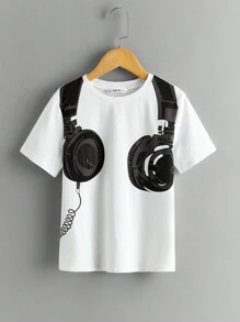 SHEIN Camiseta de manga corta con estampado de auriculares para niños grandes, de ajuste cómodo y cuello redondo, para el verano - Blanco - Ver 1