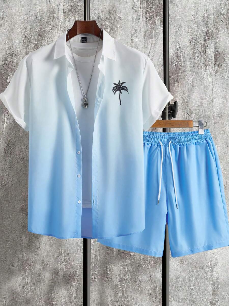 Manfinity Chillmode 男士椰子树印花渐变色短袖衬衫和松紧腰带抽绳短裤两件套 - 淺藍色 - 查看 1