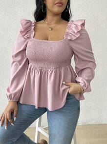 Flirla Blusa con volantes en el bajo para tallas grandes, top con efecto peplum de unicolor - Rosa vieja - Ver 1