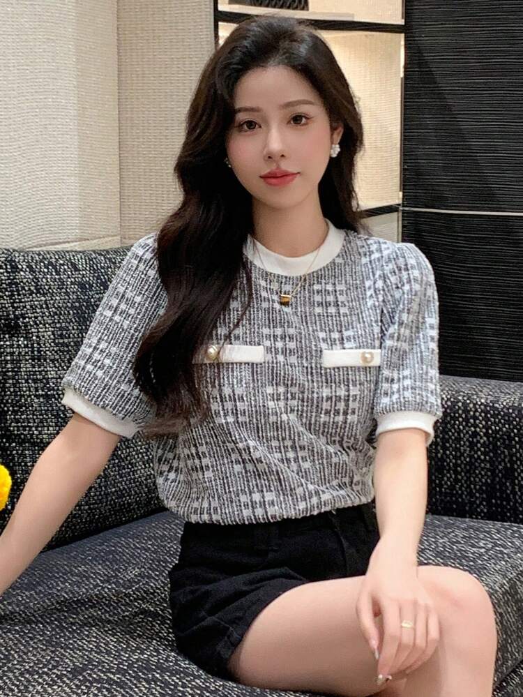 Loose-Fit Puff Sleeve Short Sleeve T-Shirt With Crew Neck
