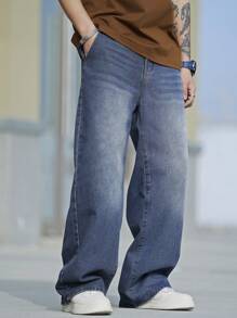 Manfinity Roghcode 男士休閒寬鬆牛仔褲，寬鬆直筒酸洗深色牛仔褲，帶有軍裝口袋，純藍色款式，派對Y2K情侶裝配對 - 深色水洗藍 - 查看 3