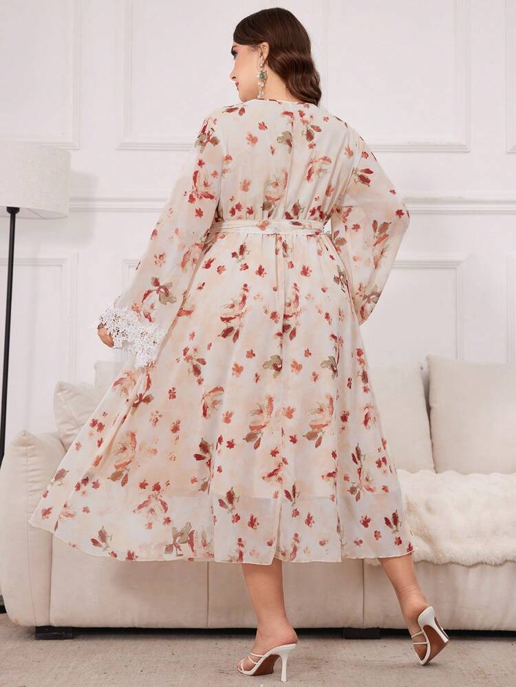 Plus Size Elegant Floral Print Lace Patchwork Dress