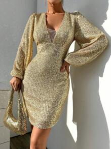 SHEIN Cottnline Sequınn Gold Party Dress - Gold - View 3