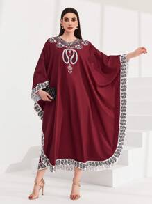 Al Najma 勃艮第红女款蝙蝠袖印花连衣裙 - 酒紅色 - 查看 3