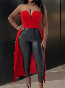 Slaydiva Áo ống hở vai màu đỏ ngày lễ tình nhân cỡ lớn gợi cảm, Áo đêm hẹn hò, Áo trễ vai - Đỏ - Xem 4