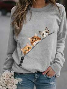 氣質拉鍊設計貓印花女士休閒簡約圓領運動衫 - 淺灰色 - 查看 1