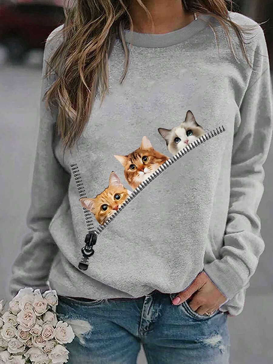 氣質拉鍊設計貓印花女士休閒簡約圓領運動衫 - 淺灰色 - 查看 1