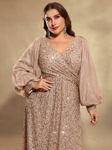 UNITHORSE 大码灯笼袖亮片正式礼服，优雅长袖舞会晚宴婚礼宾客礼服，适合毕业典礼、晚宴、新娘礼服、生日派对等场合，春季派对礼服 - 香檳色 - 查看 5