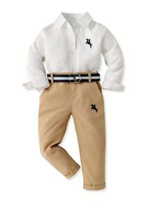 SHEIN Young Boy Young Boys Printed Casual Long Sleeve Shirt And Fashionable Pants 2pcs/Set Chic Outfits For Autumn/Winter