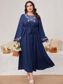 Al Najma 大尺碼復古花紋刺繡阿拉伯服裝圓領連衣裙 - 藏蓝色 - 查看 3