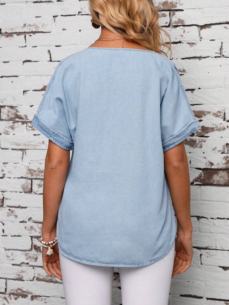 Button-Down Half-Placket Round Neck Casual Denim Top