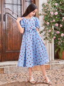 SHEIN Tween Girls' Sweetheart Collar, Puff Sleeve, Decorative Button, Ditsy Floral Printed Dress