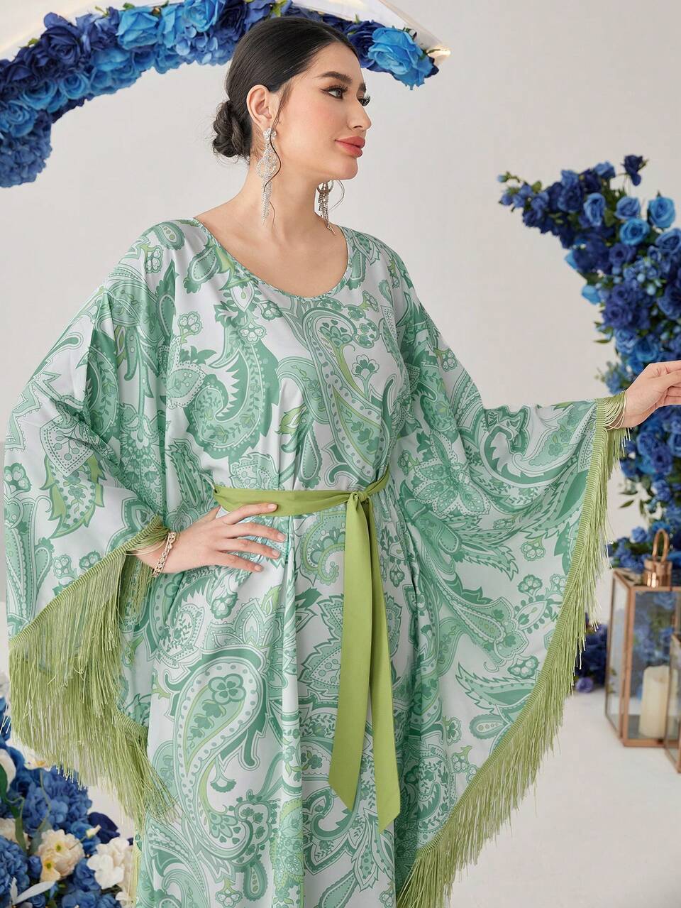 Bohemian Paisley Print Fringe Decor Batwing Sleeve Dress, Modest Kaftan