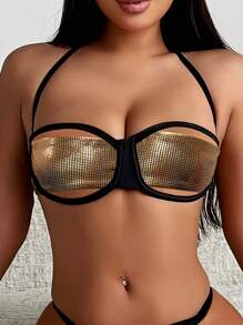 SHEIN Swim Ensemble de bikini métallique pour femmes, été plage - Multicolore - Voir 4