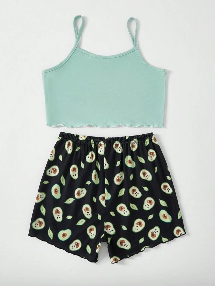 Girls' Simple Avocado Print Cami Top With Short Sleeve Casual Set, Suitable For Home Wear