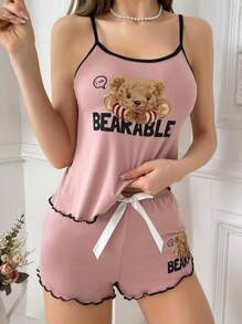 Snug Zone Bear & Letter Print Pink Tank Top And Shorts Pajama Set - Dusty Pink - View 6
