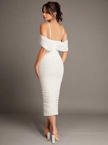 Silquee White Off-Shoulder Pleated Mesh Suspender Long Dress - White - View 2