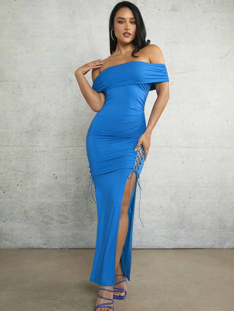 Spring Outfits Blue Holiday Tube Top One Shoulder Pleated Cross Strap Sexy High Slit Tight Stretch Long Women's Dress