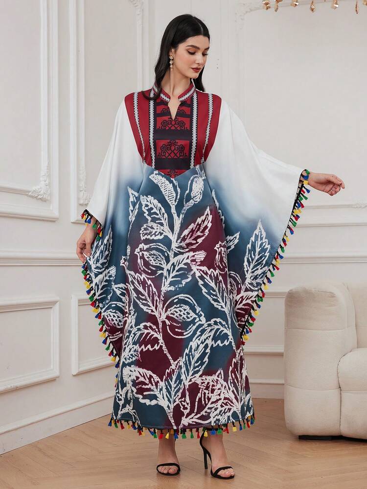 Women's Printed Patchwork Fringe Decor Batwing Sleeve Dress Kaftan Jalabiya Dress