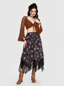 ROMWE Hippie Front Tie Flare Sleeve Eyelet Knitted Sweater - Rust Brown - View 2