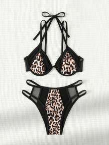 SHEIN Swim Leopard Print Splice Halter Neck Bikini Set With Underwire (Sexy Style) Summer Beach - Multicolor - View 6
