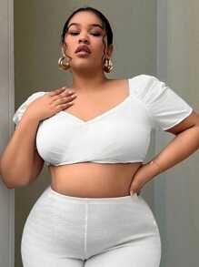 SHEIN SXY Plus Size Women's Short Cross-Front One-Shoulder Vacation Shirt - White - View 4