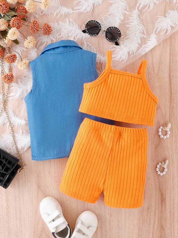 Baby Girl Sleeveless Blouse With Single Row Buckle Closure, Camisole Top And Shorts Set