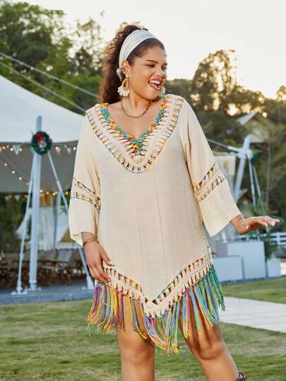 SHEIN LUNE 大尺碼女士鉤花v領毛衣連衣裙