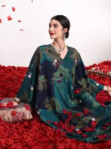 Divindia 女款植物印花蝙蝠袖連衣裙