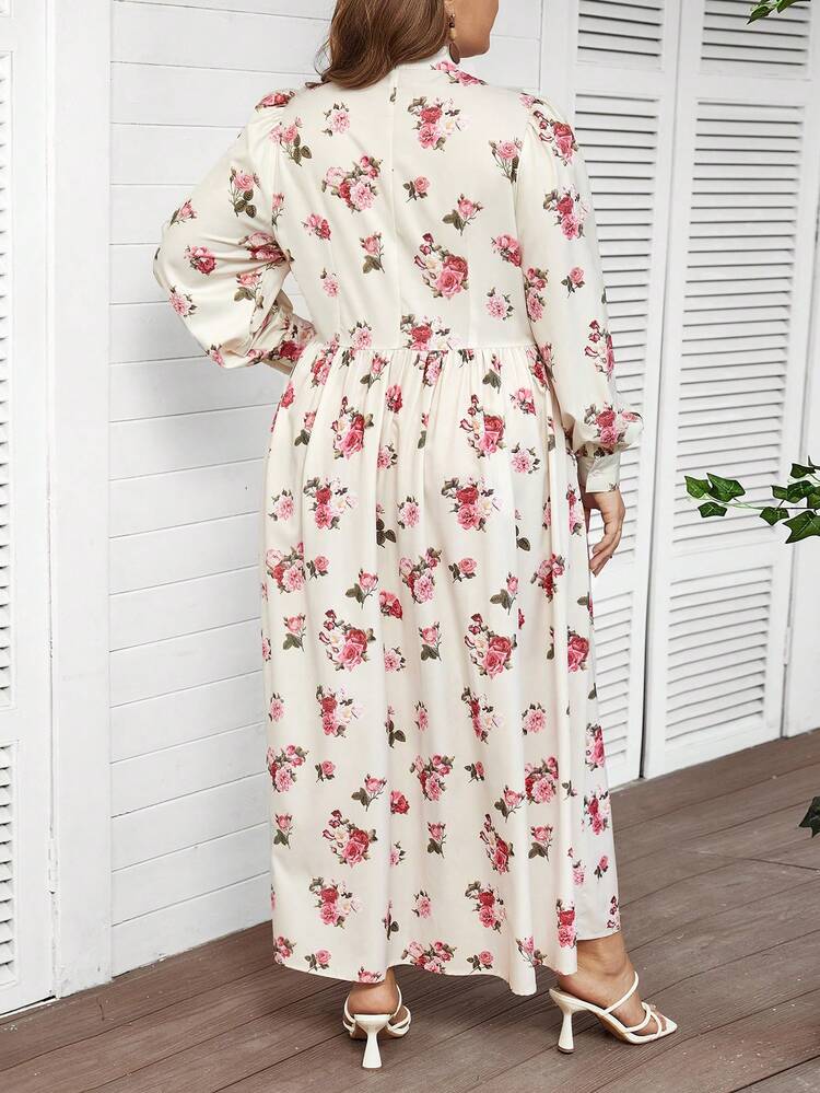 Plus Size Women's Floral Print Stand Collar Lantern Sleeve Dress