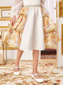 SHEIN Tween Girls' Loose & Cute Patchwork Fabric A-Line Skirt - Gold - View 3