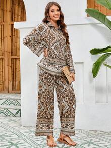 Mulvari Quý cô Hoa In Tay áo dài Bộ áo sơ mi và quần - Màu vàng - Xem 3