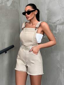 SHEIN Cottnline Women's Frayed Denim Overall Shorts - Brown - View 5