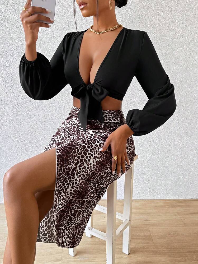 Ladies' Lantern Sleeve Front Tie Cropped Top And Leopard Printed Skirt, 2pcs/Set Fall Cloth For Women