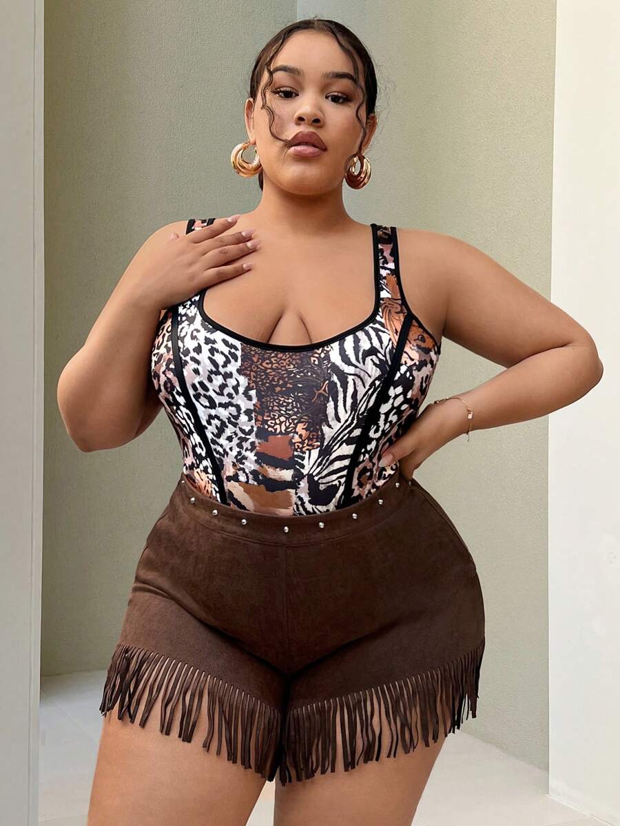SHEIN SXY 大码女式紧身中腰流苏度假短裤 - 棕色 - 查看 1