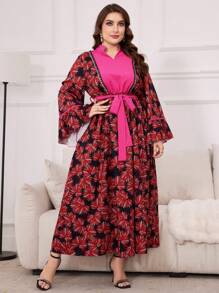 Al Najma Plus Size Floral Print Notched Collar Dress With Waist Belt, Arabic Clothing Kaftan Jalabiya Dress - Multicolor - View 6