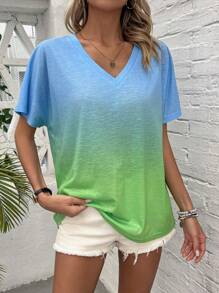 SHEIN LUNE Women's Gradient Printed V-Neck T-Shirt - Multicolor - View 4