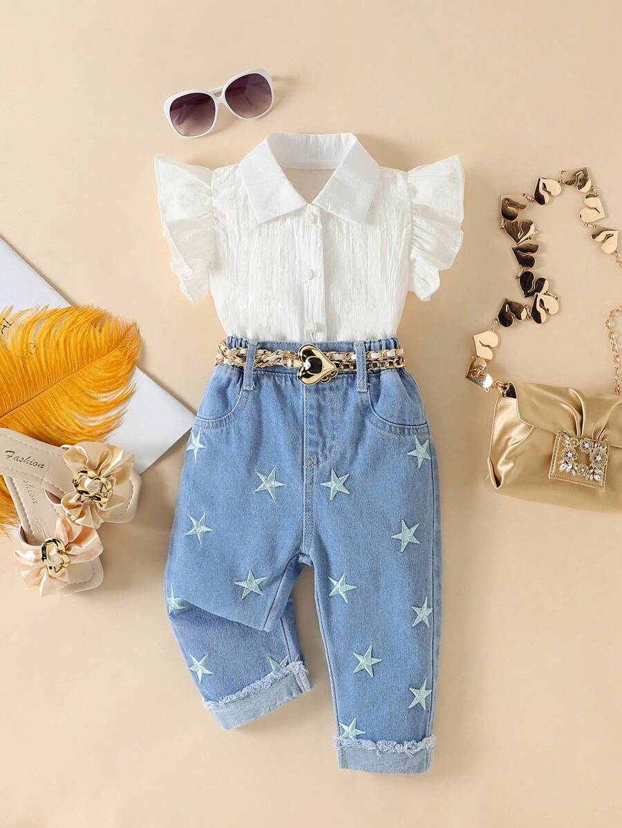 SHEIN Playful Pals 嬰兒女孩夏季新款上衣和簡約星星刺繡牛仔套裝